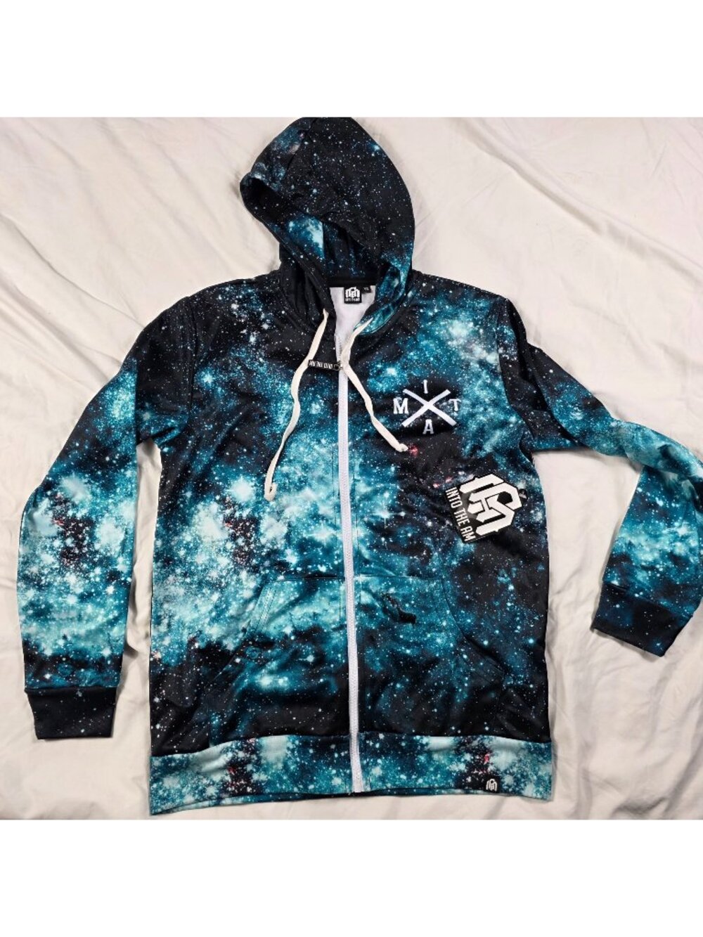 INTO THE AM Teal Galaxy Zip Up Hoodie XS Space Rave Festival Graphic Fleece